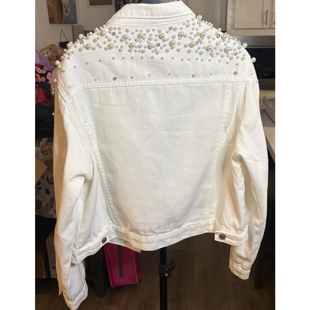 White Denim Jacket Pearl Rhinestone Embellished Women’s Cropped Trucker Glam XL - Picture 2 of 6